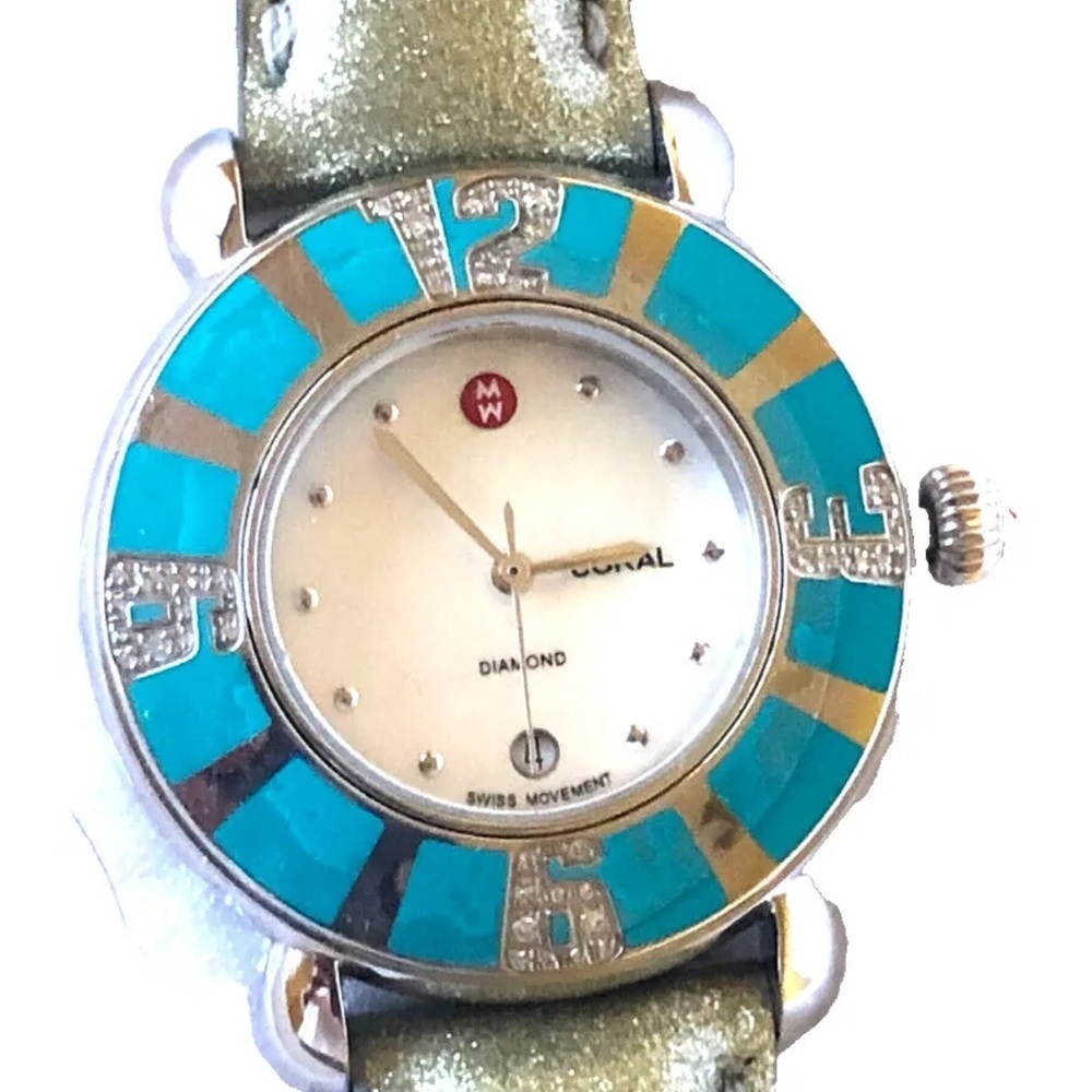 Michele Coral Turquoise 43 Diamonds Watch MW14B01F6025 SS Sapphire Crystal Swiss - Picture 13 of 16